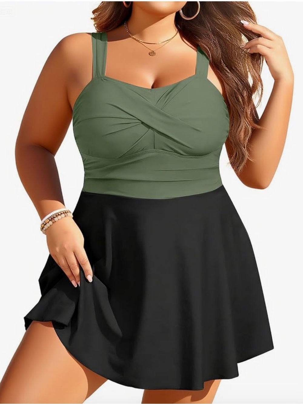 Olive Green & Black Swimdress: size 18 plus